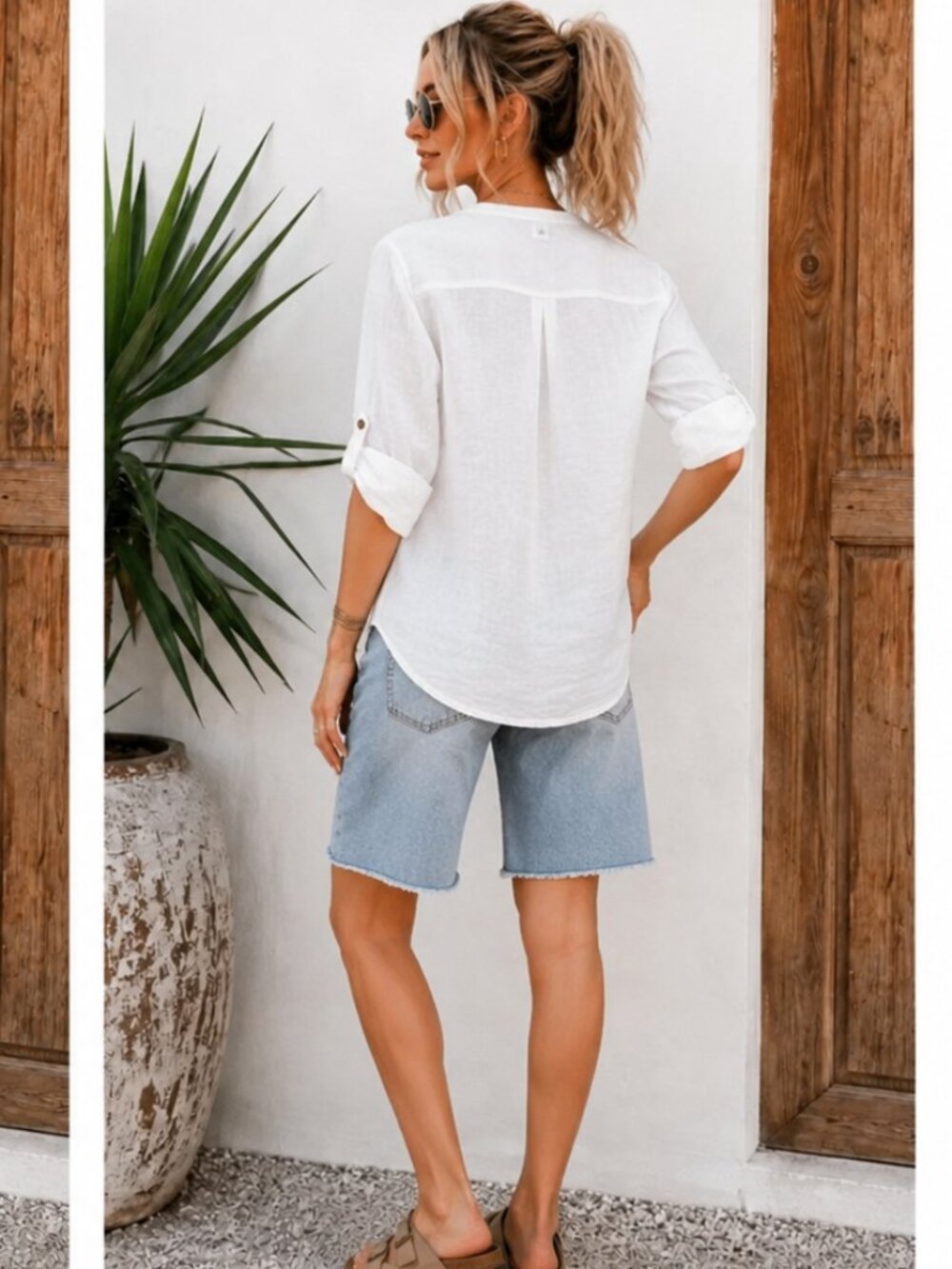 EUC 100% Linen Terzo Millennio Blouse Women's Small White Roll Tab Sleeve Beachy - Picture 2 of 10